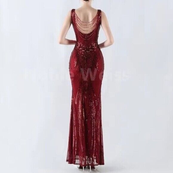 Red, Double V, Beaded Back, Draped Skirt, Sequined Mermaid Gown - Picture 6 of 15